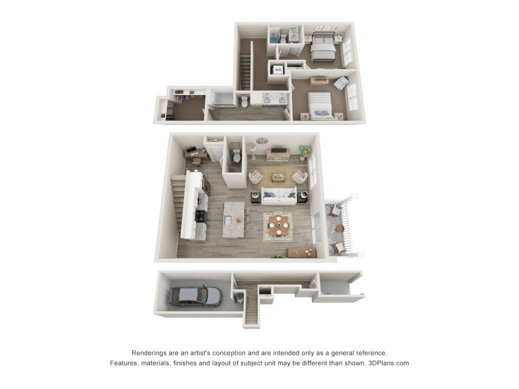 3D floor plan of 2 bed 2 bath townhome