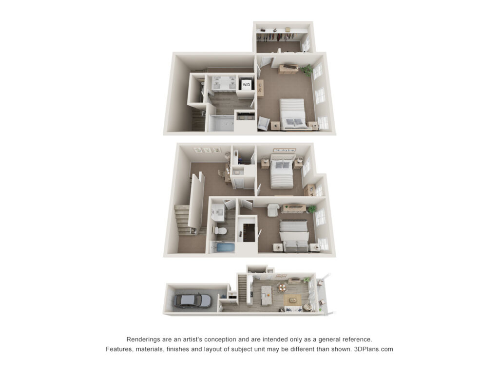 3D floor plan of a 3bed 2.5bath townhome